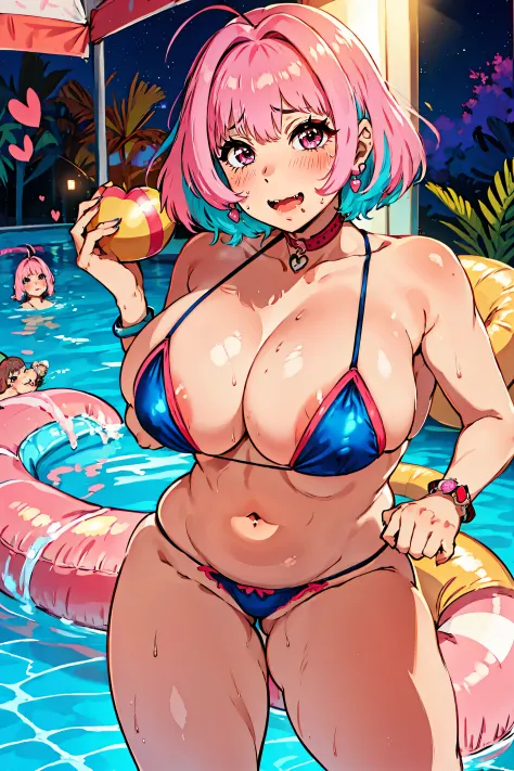 ((Alone)),Pink hair , Two-tone_hair, Bangs, Blue_hair, Pink_Eyes, Short_hair, Ahoge, hair_intakes, blush,Open_Mouth, Large_breasts, tusk, heart mark, 鎖骨, Jewelry,(Very embarrassing),up of face,((Small swimsuit)),Pretty big,Muchimuchi's body,bbw,Navel,A smi...