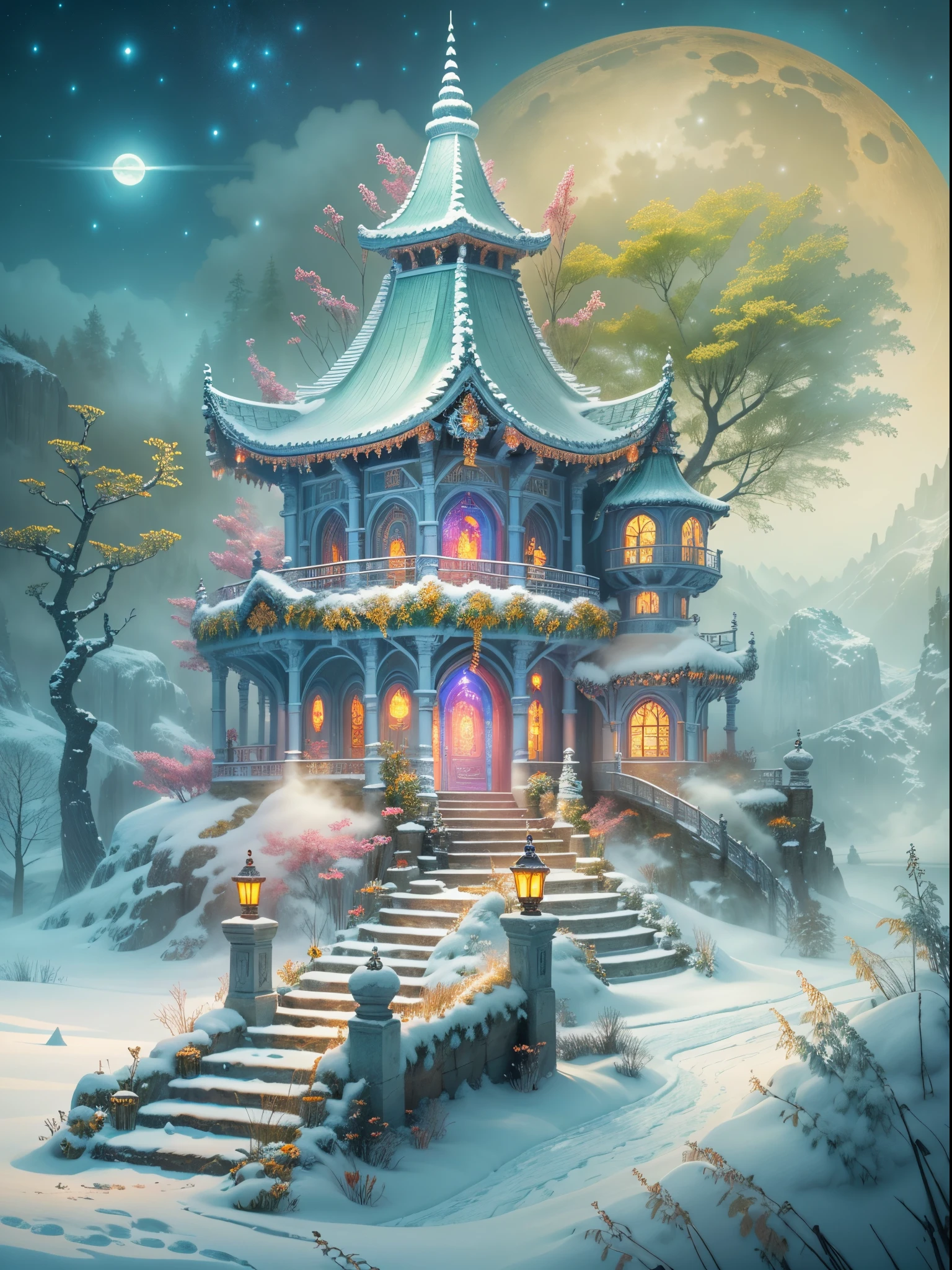 (tmasterpiece),（ultra - detailed：1.3），Best quality，(Sparkling: 1.2), (Winter wonderland in fantasy mythology: 1.4), ((Fresh, chill, mountains, white mist, , vastness, bamboo forest, frost flowers, diamonds, breeze, bamboo leaves, sounds of nature, lake, Ancient, pavilion, sacred, tranquil, peaceful, otherworldly, beautiful, tranquil, secluded, treasure, nature, magic, creativity)), illustration style, and decoration, dreamy winter wonderland, lovely design style, Evening, snowy field, full moon, bright colors, ((whimsical and charming fantasy)), surreal portrait, (fantasy-themed winter day), (whimsical wonderland), (colorful, mist-filled landscape), (enchanting , magical creatures), (a vibrant, mist-shrouded palace), (white cloud road), (rich, dreamlike colors), (twinking stars) elevated, (fourth-dimensional dreamland), (enchanting and enchanting atmosphere), (playful composition), (vivid lighting effects), 1.4x realism, ultra-high definition, displayed in this beautiful scene, （Very meticulous，Reasonable design，Clear lines，High- sharpness，tmasterpiece，offcial art，movie light effect，8K)