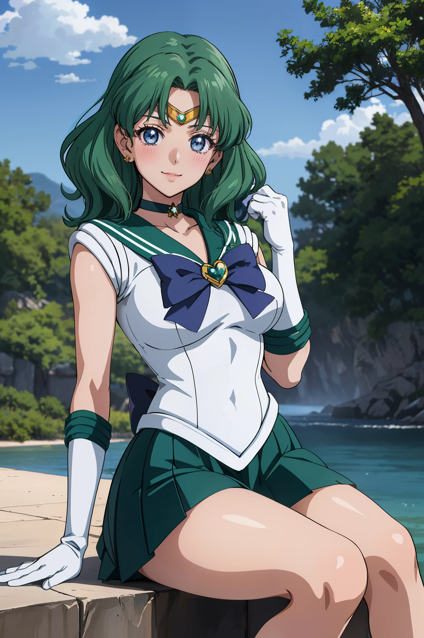 (anime:1.4), melhor qualidade, Obra de arte,tiro de vaqueiro,
1 garota, marinheiro Netuno, mulher madura, envelheceu,seios médios, olhos água, cabelo verde escuro, cabelo medio, (uniforme de marinheiro senshi:1.2), arco para trás, luvas de cotovelo brancas, saia plissada, olhando para o espectador,corar, Sorriso,sentado