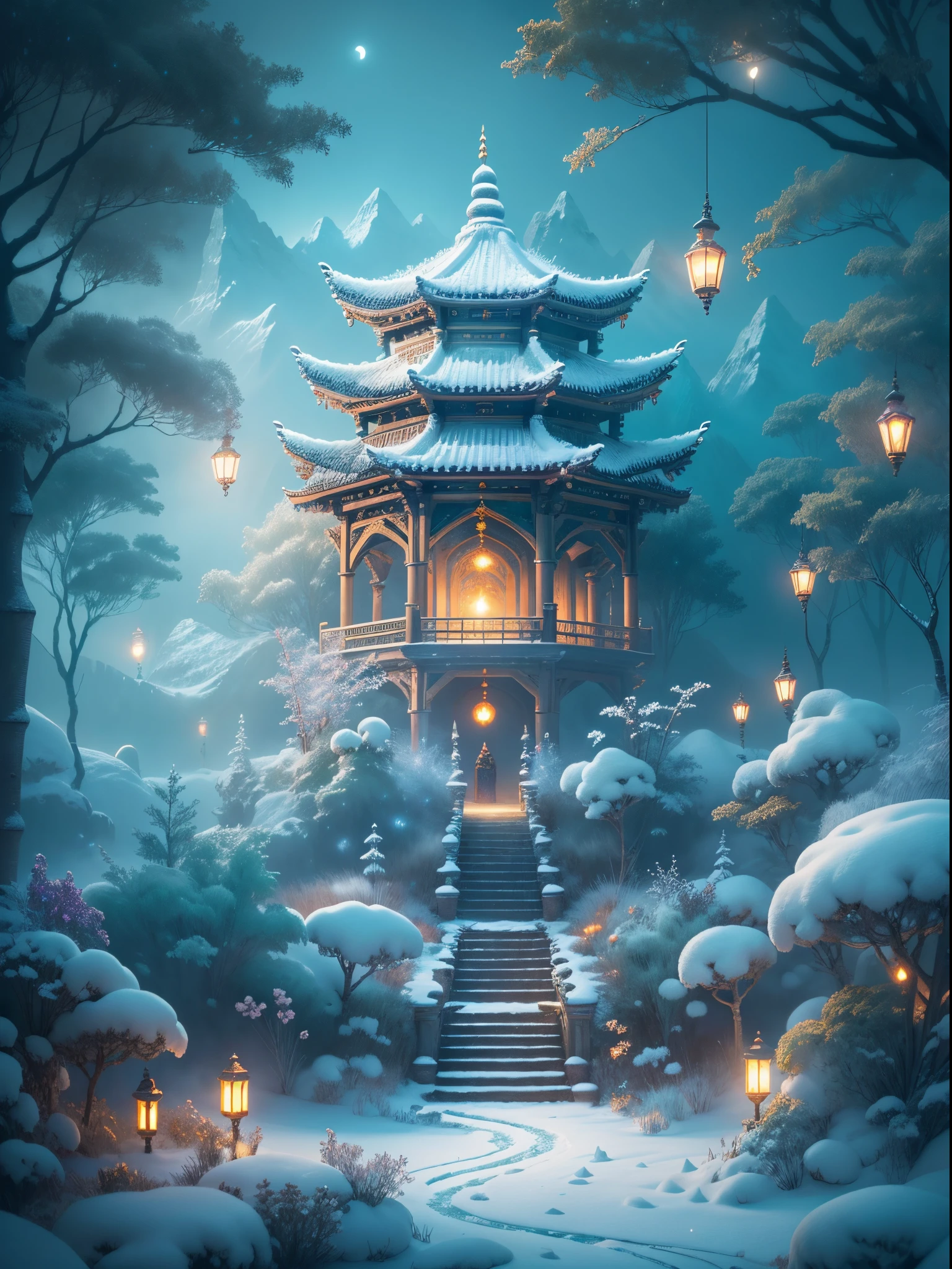 (tmasterpiece),（ultra - detailed：1.3），Best quality，(Sparkling: 1.2), (Winter wonderland in fantasy mythology: 1.4), ((Fresh, chill, mountains, white mist, , vastness, bamboo forest, frost flowers, diamonds, breeze, bamboo leaves, sounds of nature, lake, Ancient, pavilion, sacred, tranquil, peaceful, otherworldly, beautiful, tranquil, secluded, treasure, nature, magic, creativity)), illustration style, and decoration, dreamy winter wonderland, lovely design style, Evening, snowy field, full moon, bright colors, ((whimsical and charming fantasy)), surreal portrait, (fantasy-themed winter day), (whimsical wonderland), (colorful, mist-filled landscape), (enchanting , magical creatures), (a vibrant, mist-shrouded palace), (white cloud road), (rich, dreamlike colors), (twinking stars) elevated, (fourth-dimensional dreamland), (enchanting and enchanting atmosphere), (playful composition), (vivid lighting effects), 1.4x realism, ultra-high definition, displayed in this beautiful scene, （Very meticulous，Reasonable design，Clear lines，High- sharpness，tmasterpiece，offcial art，movie light effect，8K)