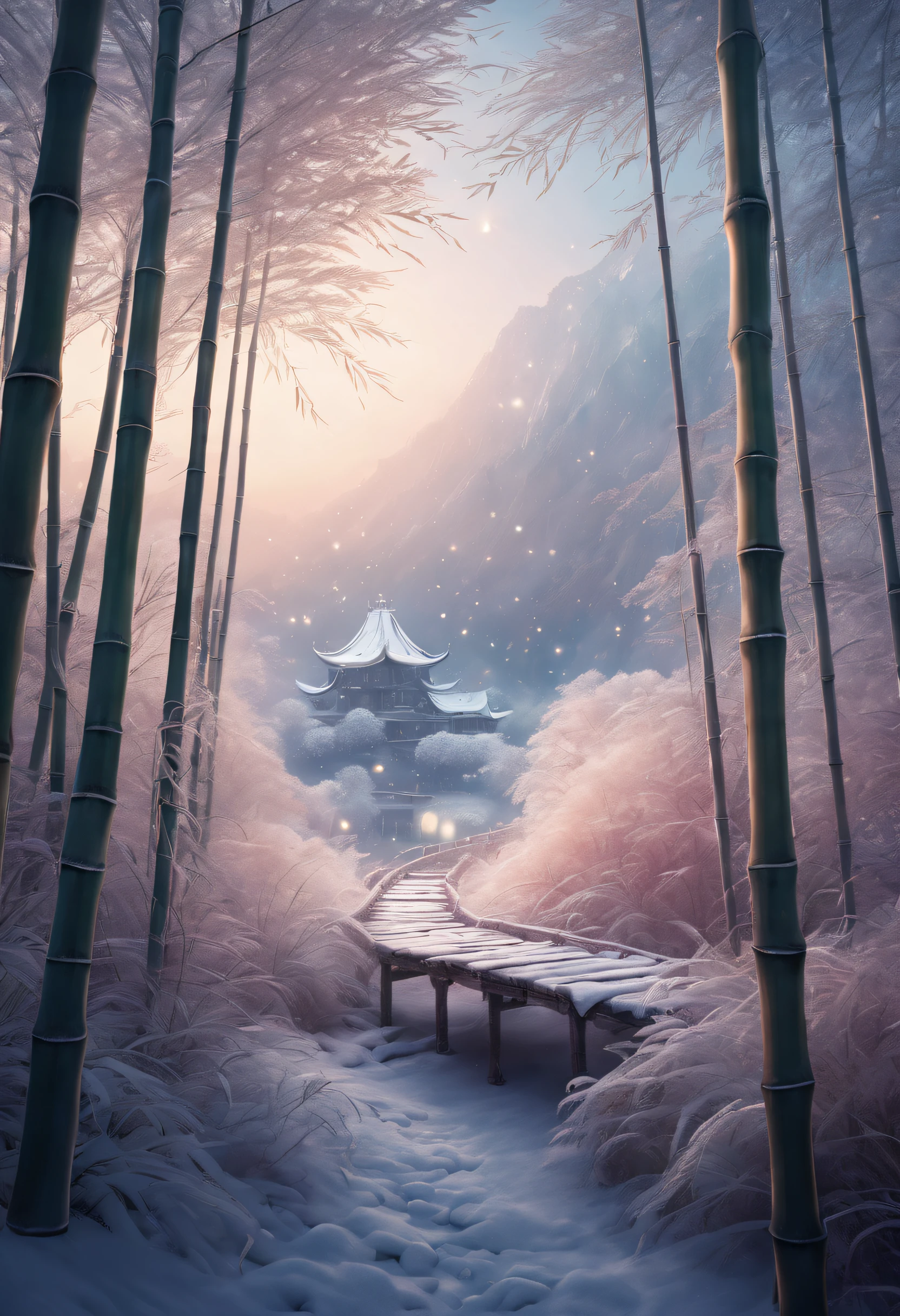 (Sparkling: 1.2), (Fantasy and mythical winter wonderland: 1.4), ((fresh, chill, mont, whist, , vastness, bamboo forrest, Frost flowers, diamond, light wind, Bamboo leaves, Sounds of nature, lake, archaic, kiosk, divino, peacful, Calm, Otherworldly, The beautiful, peacful, secluded, treasures, naturey, magia, creativity)), Illustration style, et les embellissements, Dreamy winter wonderland, Lovely design style, natta, snow field, moon full, vivd colour, ((Whimsical and charming fantasy)), Surreal portrait, (Fantasy themed winter), (A whimsical wonderland), (Colorful, misty landscape), (enchanting , Fantastic creatures), (A vibrant one, Palace shrouded in mist), (Baiyun Road), (Rich, fantasticcolors), (Twinkling stars) Elevated, (fourth dimensional dream), (Enchanting and charming atmosphere), (Playful composition), (Vivid lighting effects), 1.4x more realism, hyper HD, Shown in this beautiful scene