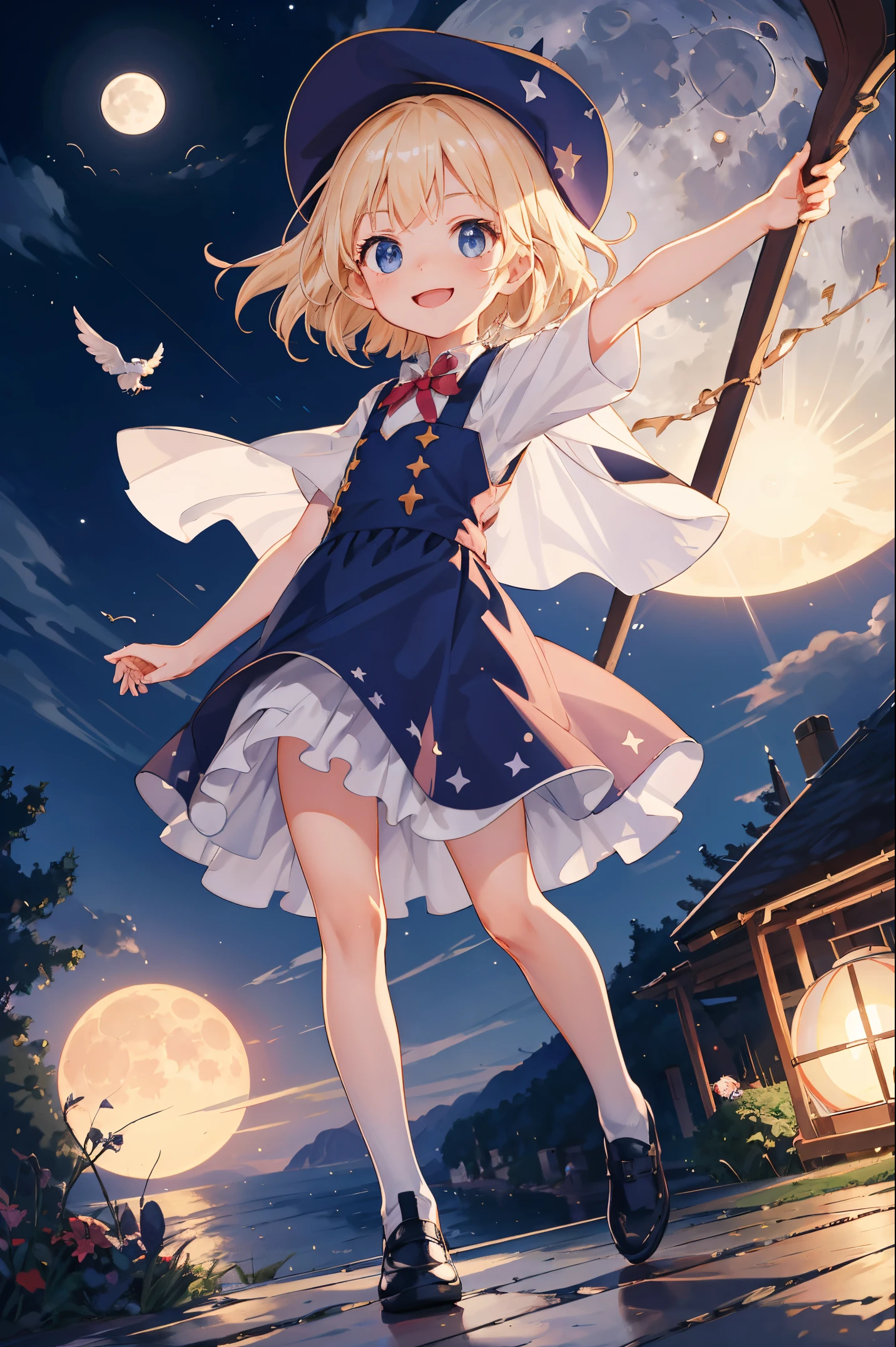 Best Quality, ultra-detailliert, magical ,Witch's Delivery Service，Boom，flying though the air， 1 young girl（8years old）,a beauty girl，A smile， Arm in arm, platinum-blonde-hair, nighttime scene，region: Amalfi，flat chest，Perfect limbs，The moon shines