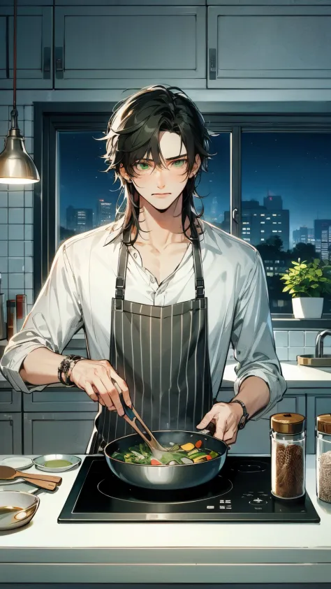 Delicate eyes、Clear eyes、Handsome young man, Cook dinner, Long Black Hair, Green eyes, Modern kitchen, Casual clothing, Apron, s...