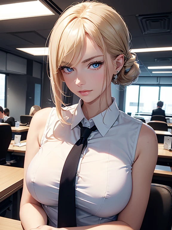 ultra detailed 8k cg, ultra realitsic, masterpiece, spotlight, office, cinematic lighting, cinematic bloom, professional photography, light blue eyes, blonde hair, updo hairstyle, swept-side bang, milf, elegant office worker, straight nose, thin lips, well-defined wide shoulders, big breasts, gorgeous female, sleeveless button-up shirt, shiny, glint, diamonds, looking at viewer, serious, formal