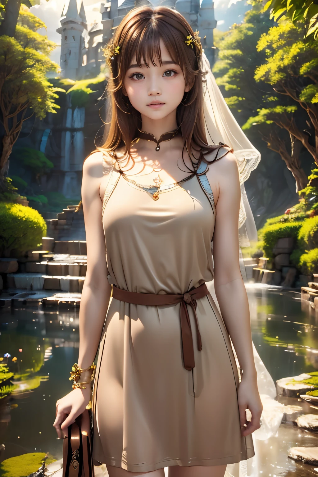 high quality picture, Staring at the camera in a mysterious and heavenly atmosphere、Features a cute girl with short brown hair wearing a brown sleeveless short sack dress. Explore advanced detail levels to highlight the divine beauty of the Goddess、Add cinematic elements to create a grand and enchanting atmosphere. Get inspired by mythical worlds and magical elements, Ensure images convey a sense of power, mystery, and Enchanted.