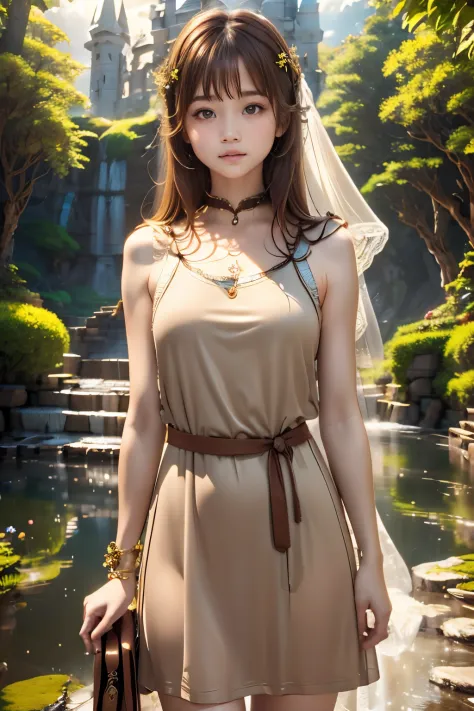 high quality picture, staring at the camera in a mysterious and heavenly atmosphere、features a cute girl with short brown hair w...