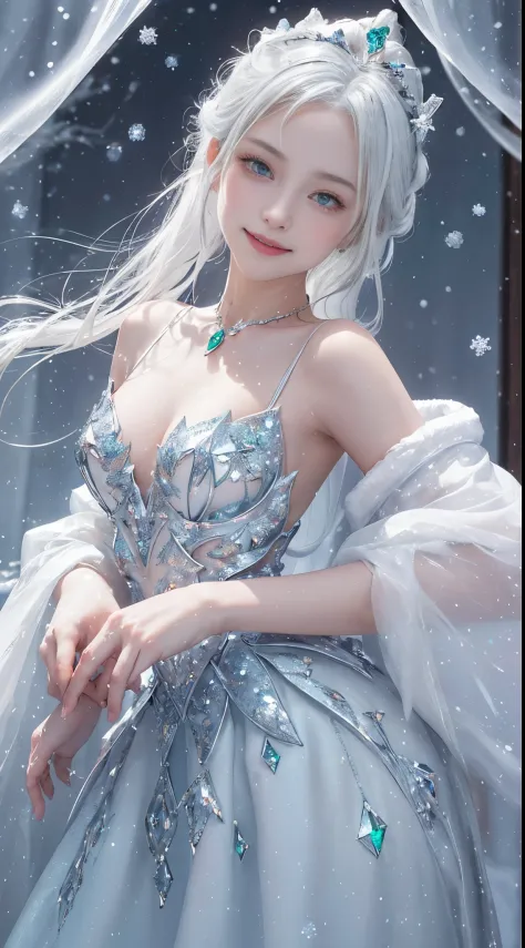 Best quality at best, ultra - detailed, actual:1.37, White snow, A princess, Landscape with heavy snow in the snow, wasteland, Emerald green snowflakes twinkle in the sky, pure princess, fairy tale stage, magical ambiance, storybook illustrations, Mysterio...