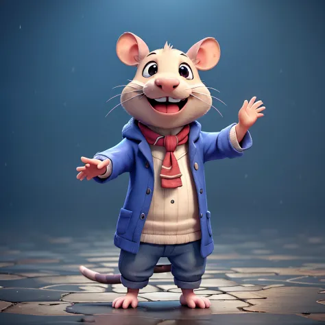 A rat happly singing into rain.. 3d animation image