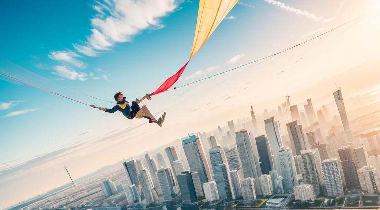 The scenery of youthful sunshine，A lively young man sits on a huge kite and flies in the wind，The scenery under the kite is high-rise buildings。