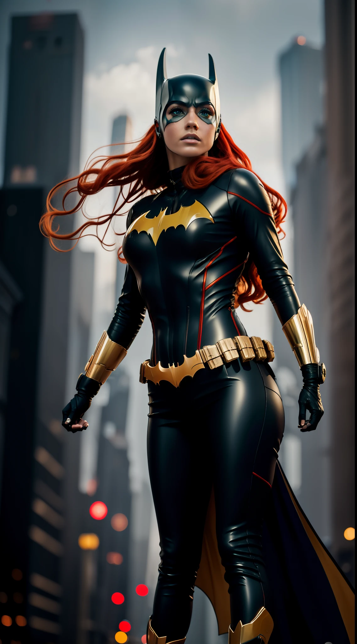 Red-haired woman, beauty, Batgirl clothes, Batgirl , full body photo, prominent figure, standing on the edge of a skyscraper, night, photo (Masterpiece) (Best quality) (Detail) (8K) (HD) (Wallpaper) (Cinematic lighting) (Sharp focus) (Intricate), sexy, rain, wet, lightning, wind effect, best quality, ultra high resolution, photorealistic, full body portrait, incredibly beautiful,  dynamic poses,