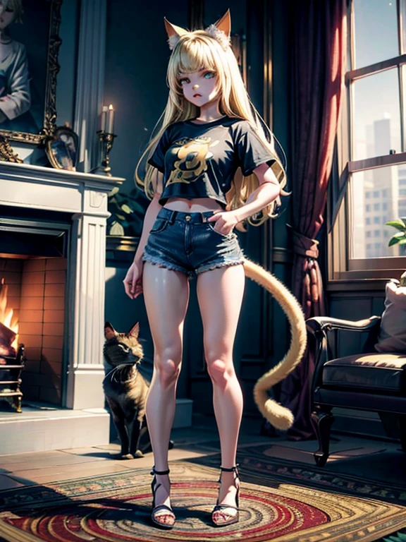 A futanai, long blonde hair, blonde pointed neko cat ears, green eyes, crop t-shirt, short denim pants, heels, with a blonde cat tail, standing, full body view, on a carpet in front of a fireplace, high res, ultrasharp, 8K, 3D, masterpiece