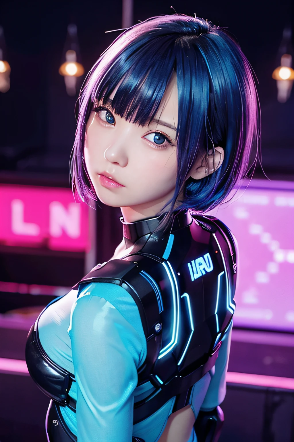 Neon Noir Beautiful Female Semi Robot, Cyberpunk, Neon Blue, Back alley, neon signs, High contrast, low illuminance,  Highly detailed, neon blue ash color hair,   with an elementary school face、Background blur