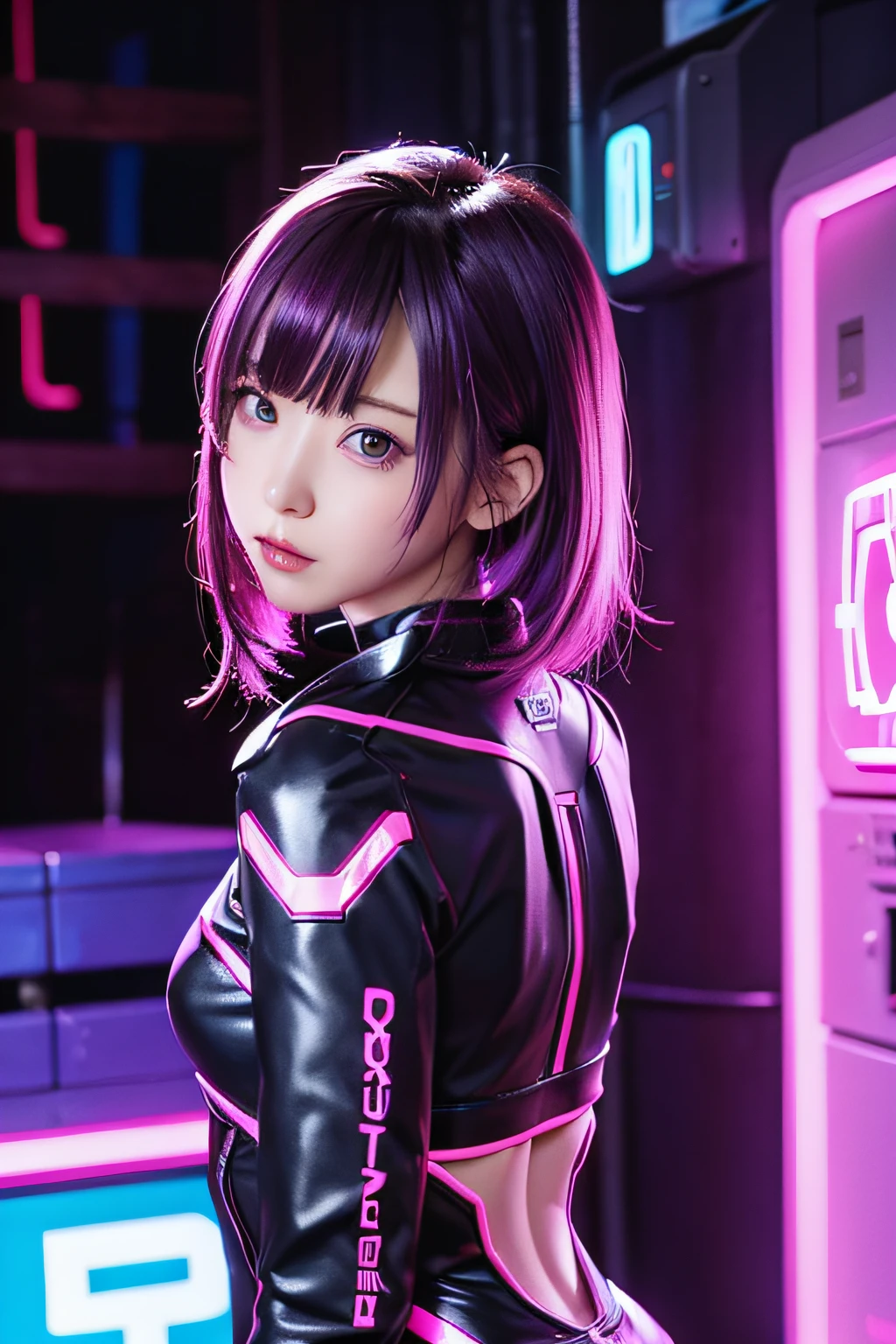 Neon Noir Beautiful Female Semi Robot,Looking at Viewer, . Cyberpunk, purple neon, Back alley, neon signs, High contrast, low illuminance, Vibrant, Highly detailed, purple ash hair color, Luminous Eyes, Loli with an elementary school face