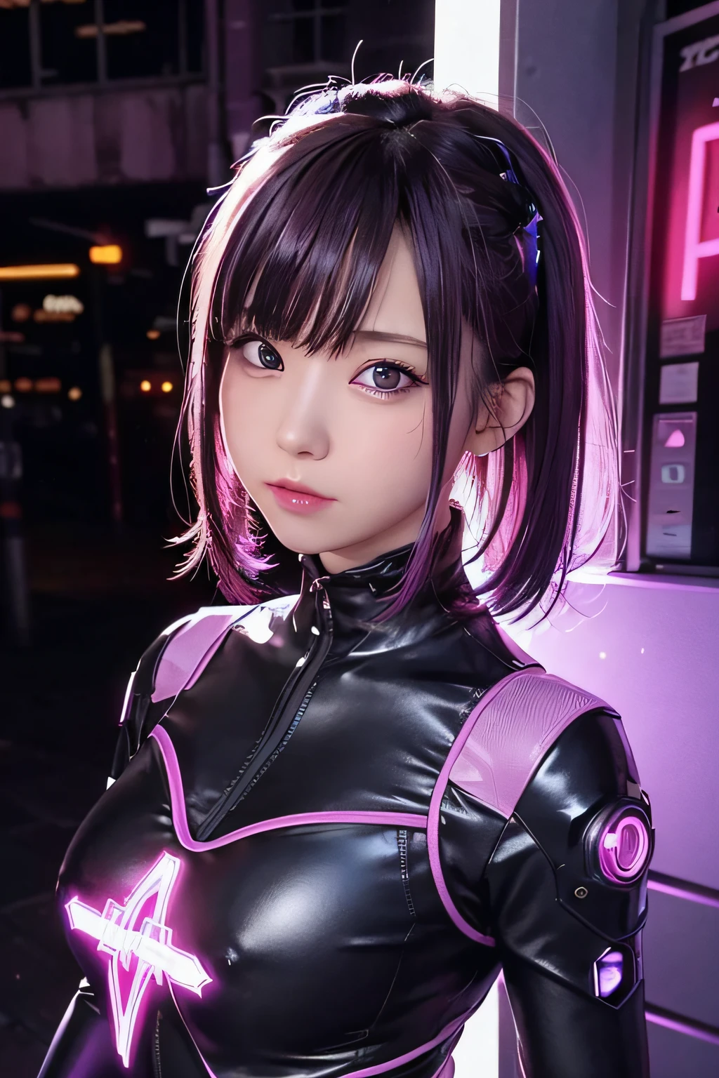 Neon Noir Beautiful Female Semi Robot,Looking at Viewer, . Cyberpunk, purple neon, Back alley, neon signs, High contrast, low illuminance, Vibrant, Highly detailed, purple ash hair color, Luminous Eyes, Loli with an elementary school face