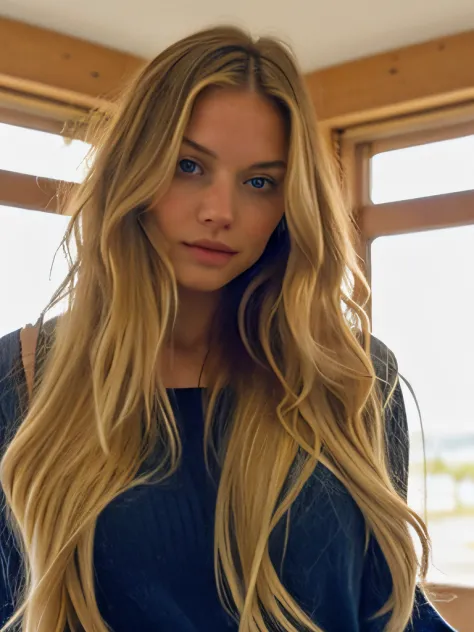 attractive blonde model, long wavy hair, blue eyes, sex, from distance,