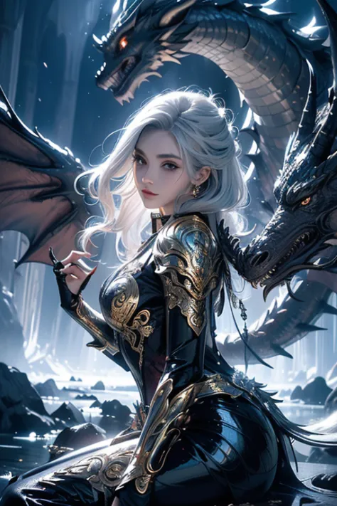 (no explanation) silver-haired dragon girl, detailed eyes, detailed lips, long eyelashes, shiny scales, majestic pose, flying in...