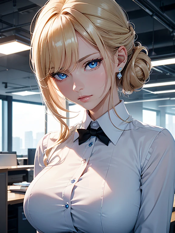 ultra detailed 8k cg, ultra realitsic, masterpiece, spotlight, office, cinematic lighting, cinematic bloom, professional photography, light blue eyes, blonde hair, updo hairstyle, swept-side bang, milf, elegant office worker, straight nose, thin lips, well-defined wide shoulders, big breasts, gorgeous female, sleeveless button-up shirt, shiny, glint, diamonds, looking at viewer, serious, formal