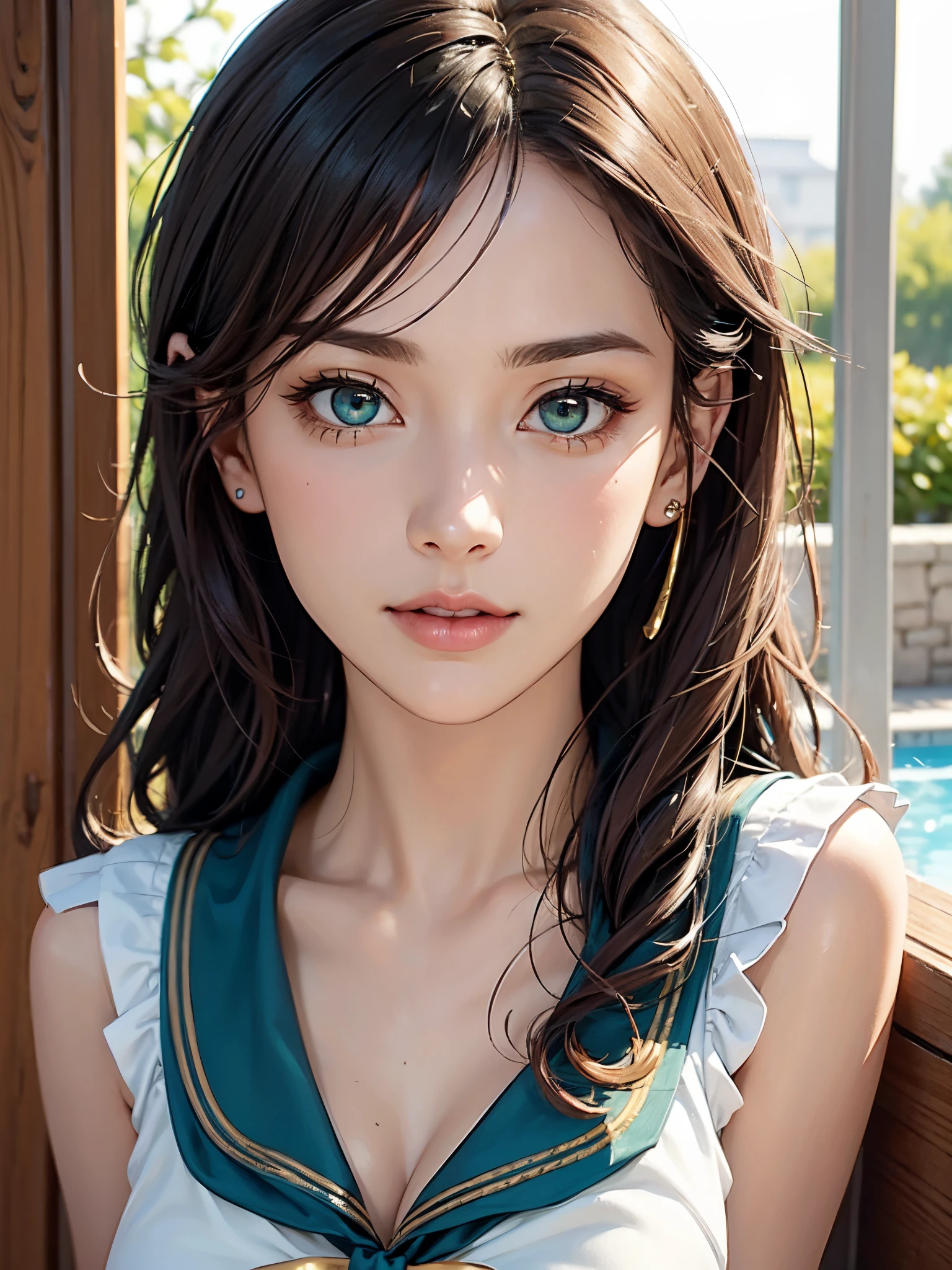 masutepiece, Best Quality, High quality, High Definition, high quality texture, high quality shadow, high detailing, Beautiful detailed, Finely detailed, extremely details CG, Detailed texture, realistic representation of face, Realistic, Colorful, Delicate, Cinematic Light, side lights, Lens Flare, Ray tracing, Sharp Focus, (Intricate details, makeup, pureerosface_v1:0.5), (Detailed beautiful delicate face, Detailed beautiful delicate eyes, A perfectly proportioned face, High detailed skin, Detailed skin, best ratio four finger and one thumb, upperbody shot,  (Large breasts), (cleavage),  ((Smooth texture, Realistic texture, Photorealistic)),  (Detailed beautiful eyes, Beautiful eyelashes, Green eyes), (((green eyes))), (golden semi-long hair), (golden hair), 1 woman,  at poolside,  (((sailor shirt, Sleeveless, Open front))),   (Beautiful face, Cute face, Detailed face),   Sunny, Perfect Eyes Eyes