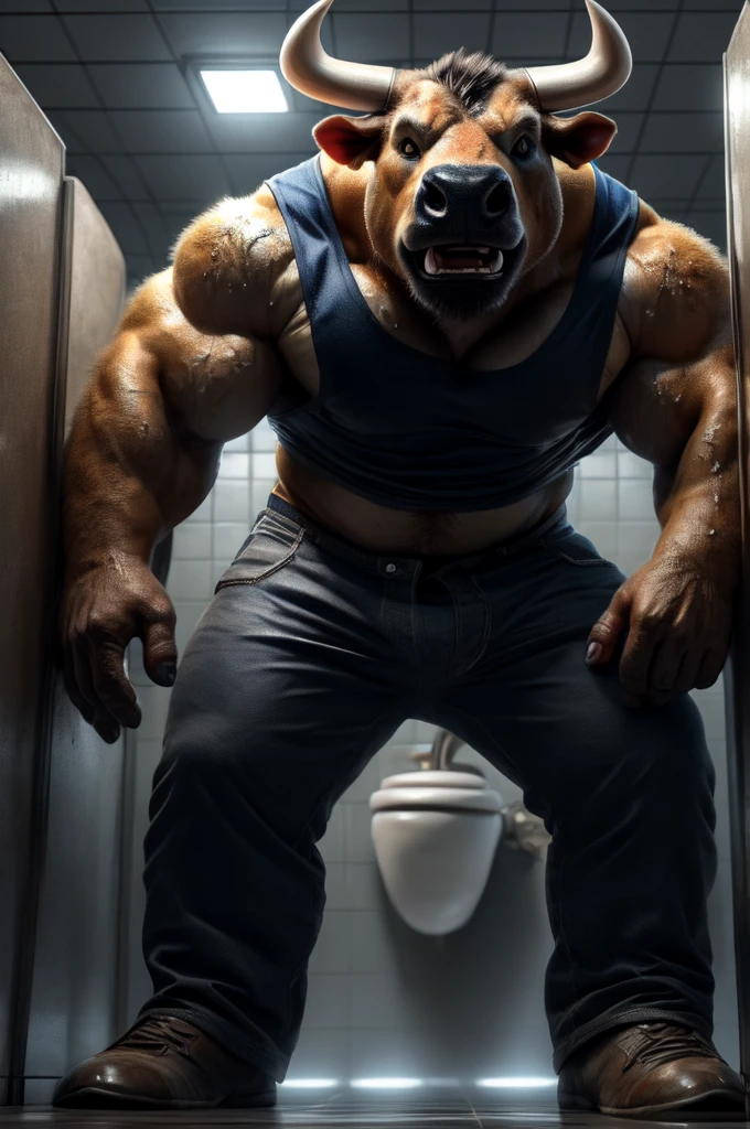masterpiece,best quality,(front view),(worm eyes view),worm eye perspective, low angle,kemono, anthro (bull), male, (bull), restroom,urinals,brown body,white belly,delicate eyes,sweaty,(stained tank top):1.2,,black board short,pants (((half off))),((yellowing) white underwear),urine,sweat,dirty,panting,satisfying expression,stare into space,depth of field,detailed tooth,hd, dim ,dark,dark shadows, light against dark,cinematic, dramatic light,wide dynamic range, cartoon, hdr, low light:1.2, by Pino Daeni, (by ruaidri), by virtyalfobo