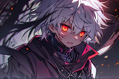 ((One Person)),Anime boy with white hair and red eyes staring at camera, Glowing red eyes,slim, dressed in a black outfit,monoch...