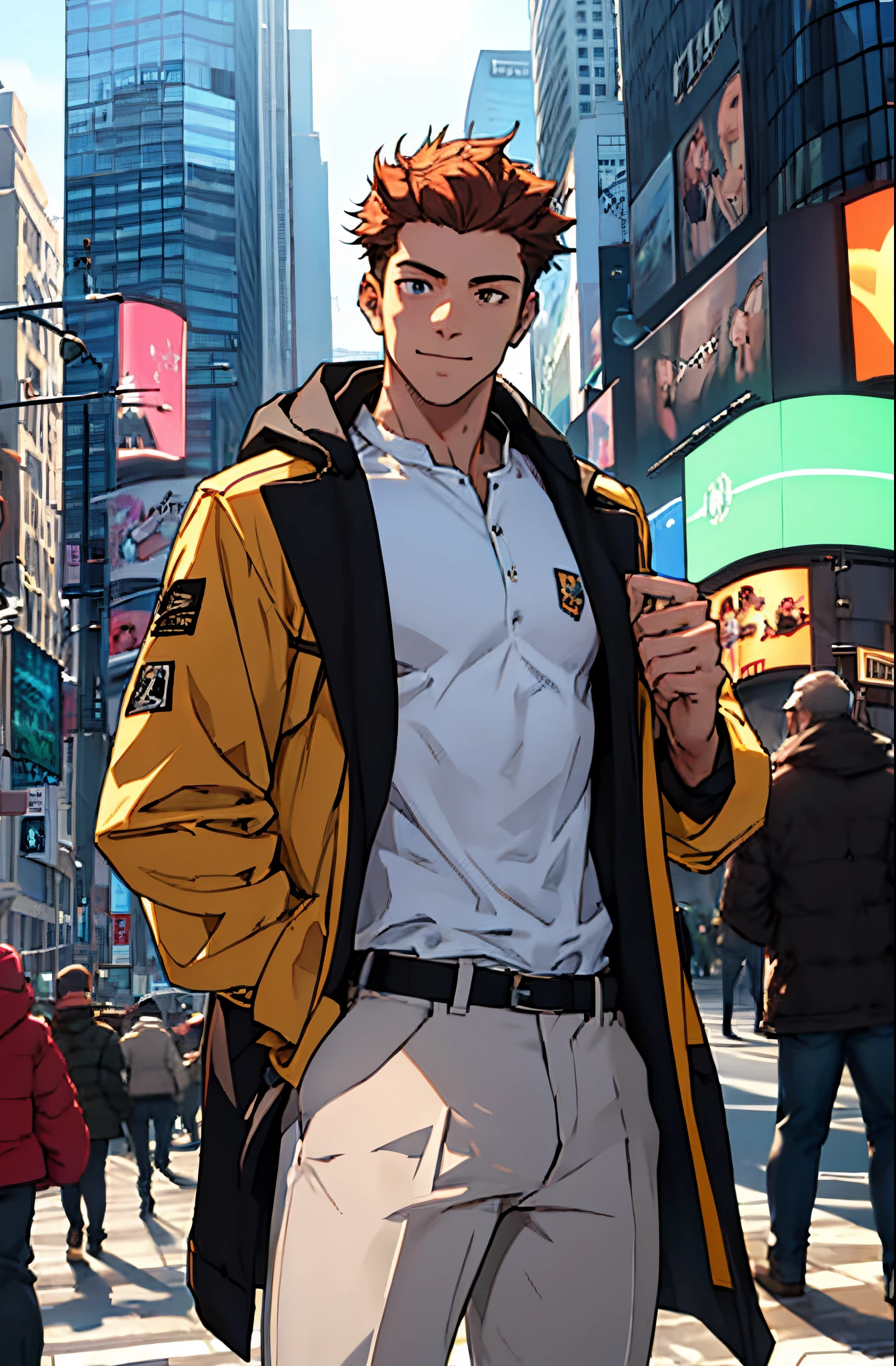 A mais alta qualidade, 8K, image high resolution, Detailed strokes, no meio de uma avenida movimentada estilo Times Square nevando, inverno, tirando uma self , adolecente, lion men, wearing a cold jacket, sorrindo, masculo, chest a little tight in the jacket, (foto de perto) , pernas definidas, defined arms, abdomen definido, com a camisa,