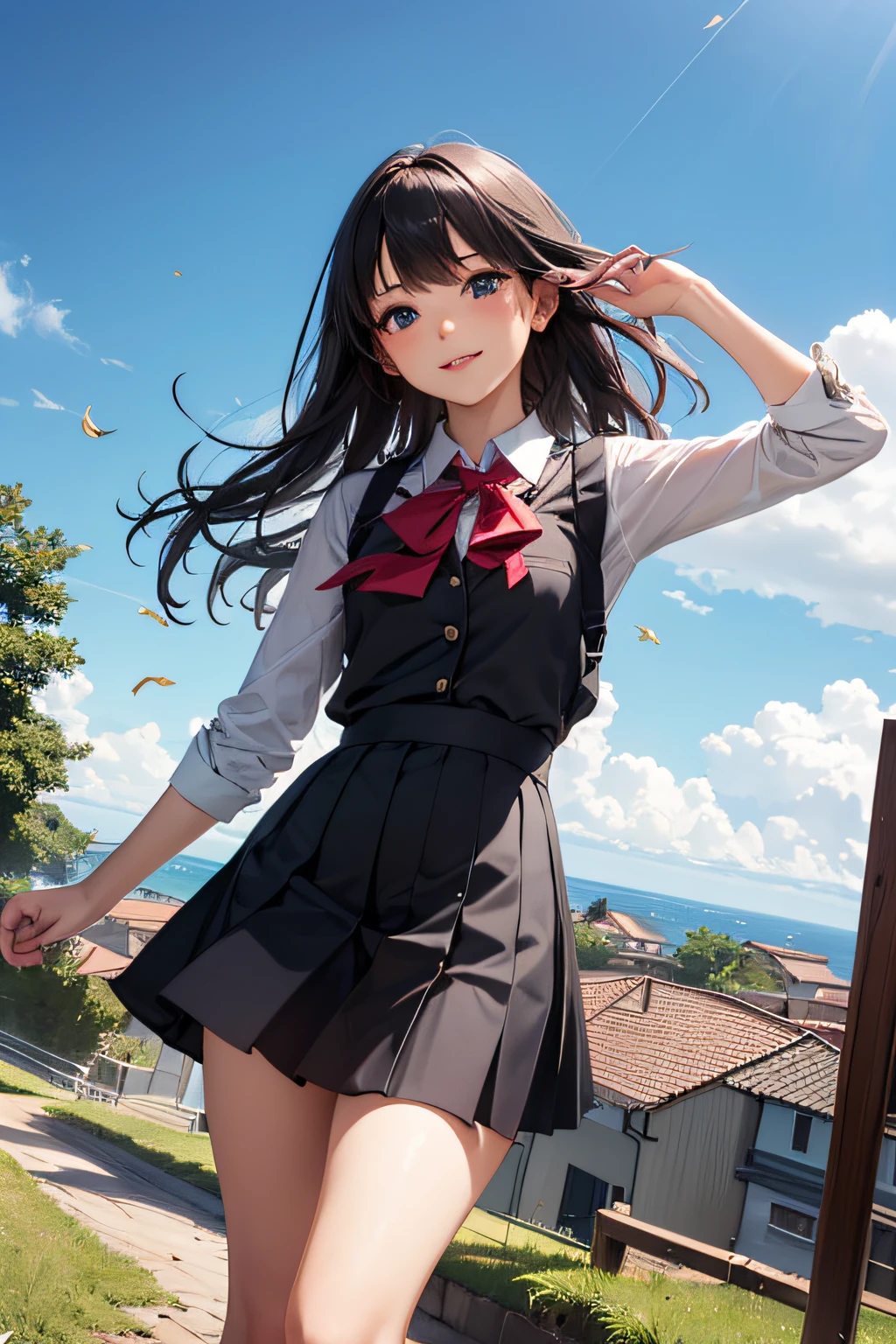 A very cute and beautiful high school girl looking at the sea on the hill,(very detailed beautiful face and eyes:1.2),Smile,Cowboy Shot,
Seifuku,(Mini skirt),Black hair,Beautiful legs,zettai ryouiki,(Looking at the sea,From the top of the hill),House with a red roof,Detailed landscapes,
(Best Quality,masutepiece:1.2),Intricate details,hight resolution,Solo,
Dynamic Angle,Natural lighting,Hair fluttering in the wind,Beautiful detailed sky,