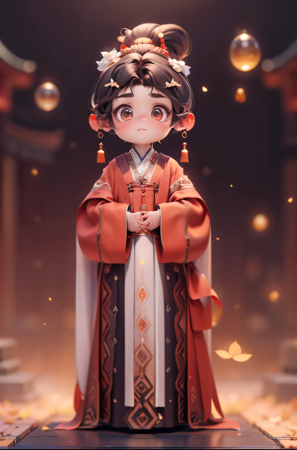 (white background)) (8k, raw photo, best quality, masterpiece),(photo mappingradiosity, physically-based rendering, automatic white balance),CG, chibi,hanfu,unity, official art, amazing,finely detail,an extremely delicate and beautiful, extremely detailed, 3d rendering, c4d, blender, octender renderers, popular toys style, patterns style, electric, A Chinese girl with her hands folded, earrings and a bun.