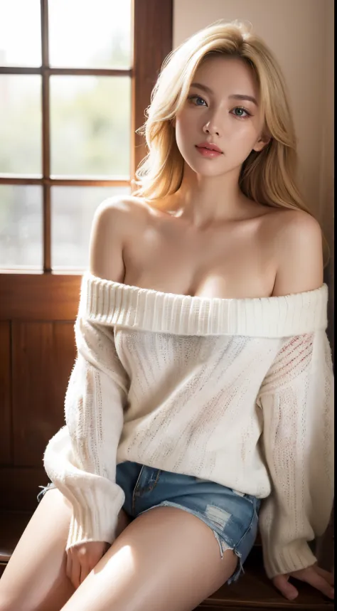 blondehair、big boo buster piece), Best Quality, Extremely detailed, (watercolor paiting), bloom, Delicate and beautiful, Illustration, (From below),(1girl in:1.4), (Solo:1.2), Large breasts, (Ribbed sweater:1.3), off-the-shoulder sweater, (Short shorts:1.2...