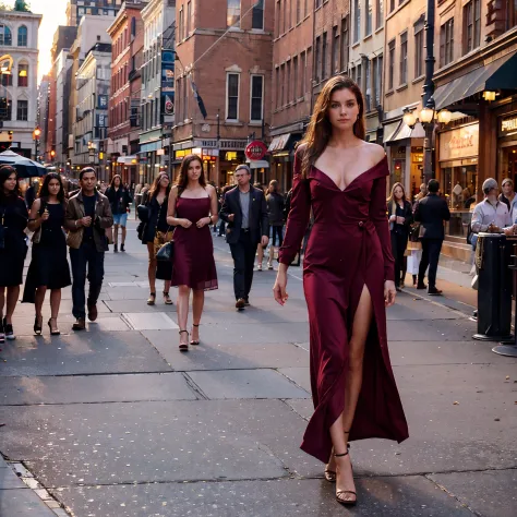 Female supermodel walks along Town Square in Manhattan in maroon evening gown. Sunset.