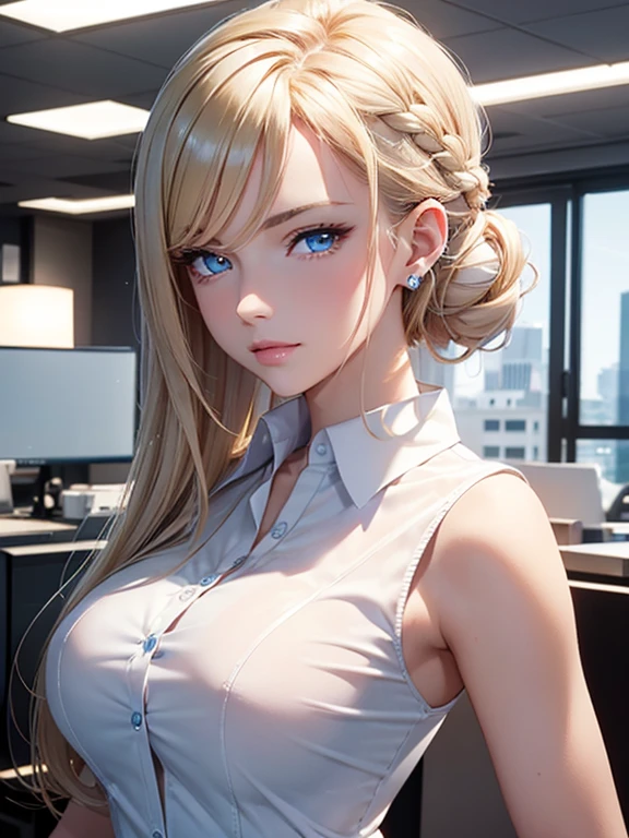 ultra detailed 8k cg, ultra realitsic, masterpiece, spotlight, office, cinematic lighting, cinematic bloom, professional photography, light blue eyes, blonde hair, updo hairstyle, swept-side bang, milf, elegant office worker, straight nose, thin lips, well-defined wide shoulders, big breasts, gorgeous female, sleeveless button-up shirt, shiny, glint, diamonds, looking at viewer, serious, formal