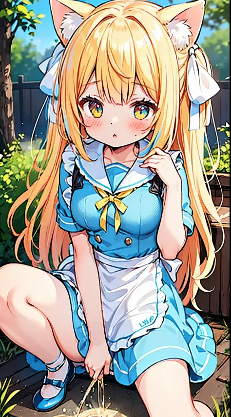 best quality, 4K, nsfw, close up, (alice in wonderland), long hair, two side up, lemon yellow hair, red hair ribbon, cat ears, ((light blue apron dress)), sailor collar, short sleeves, short skirt, (blush), outdoors, [big breasts], hands between legs, pee,...