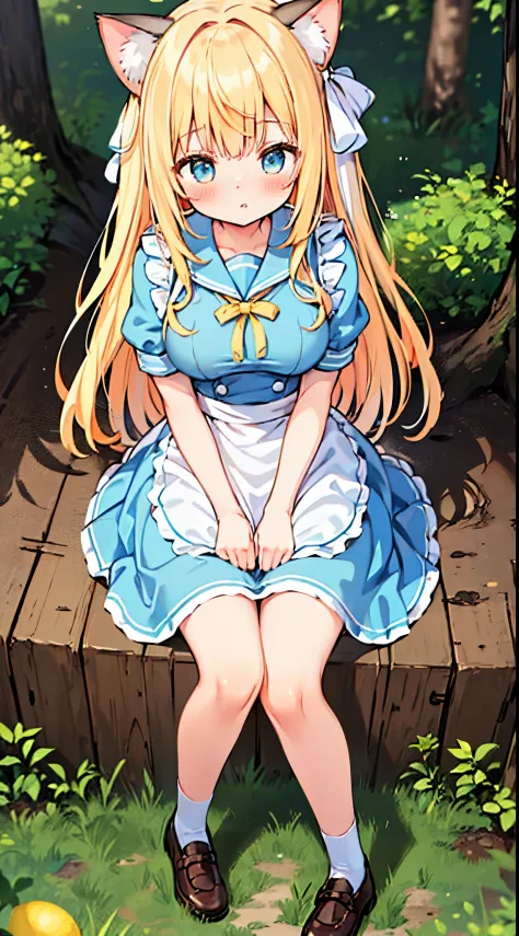 best quality, 4K, nsfw, close up, (alice in wonderland), long hair, two side up, lemon yellow hair, red hair ribbon, cat ears, ((light blue apron dress)), sailor collar, short sleeves, short skirt, (blush), outdoors, [big breasts], hands between legs, pee,...