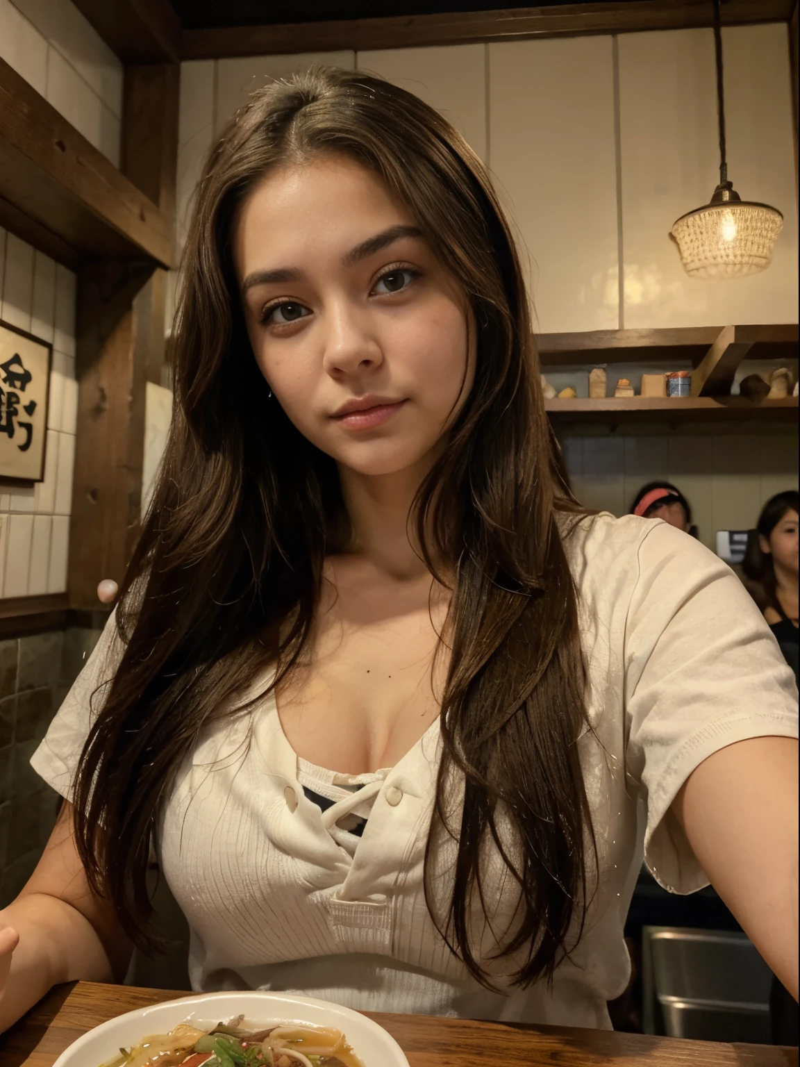 Foto de una mujer morena de 20 años.., que tiene una cara muy natural, labios finos, Ojos delgados, cejas finas, nariz delgada, Pendientes, pestañas largas. Se toma una linda selfie en una tienda de ramen en Japón, mostrando su plato de ramen que está sobre su mesa