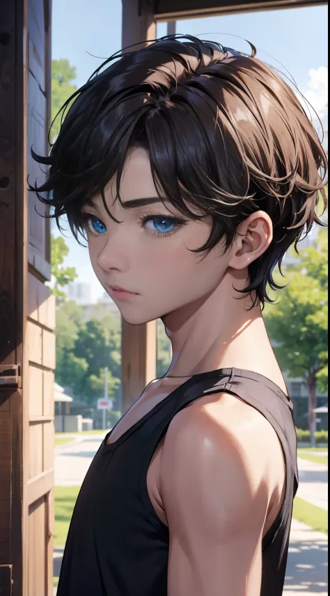 (absurderes、A high resolution、ultra - detailed)、tmasterpiece、top-quality、12-Years-Old-Boy，younge boy、独奏、A handsome、short detailed hair、brunette color hair、eBlue eyeinely eye and detailed face、Seen from the side, Tank top、Real shadows、joy、Connect the ears、T...