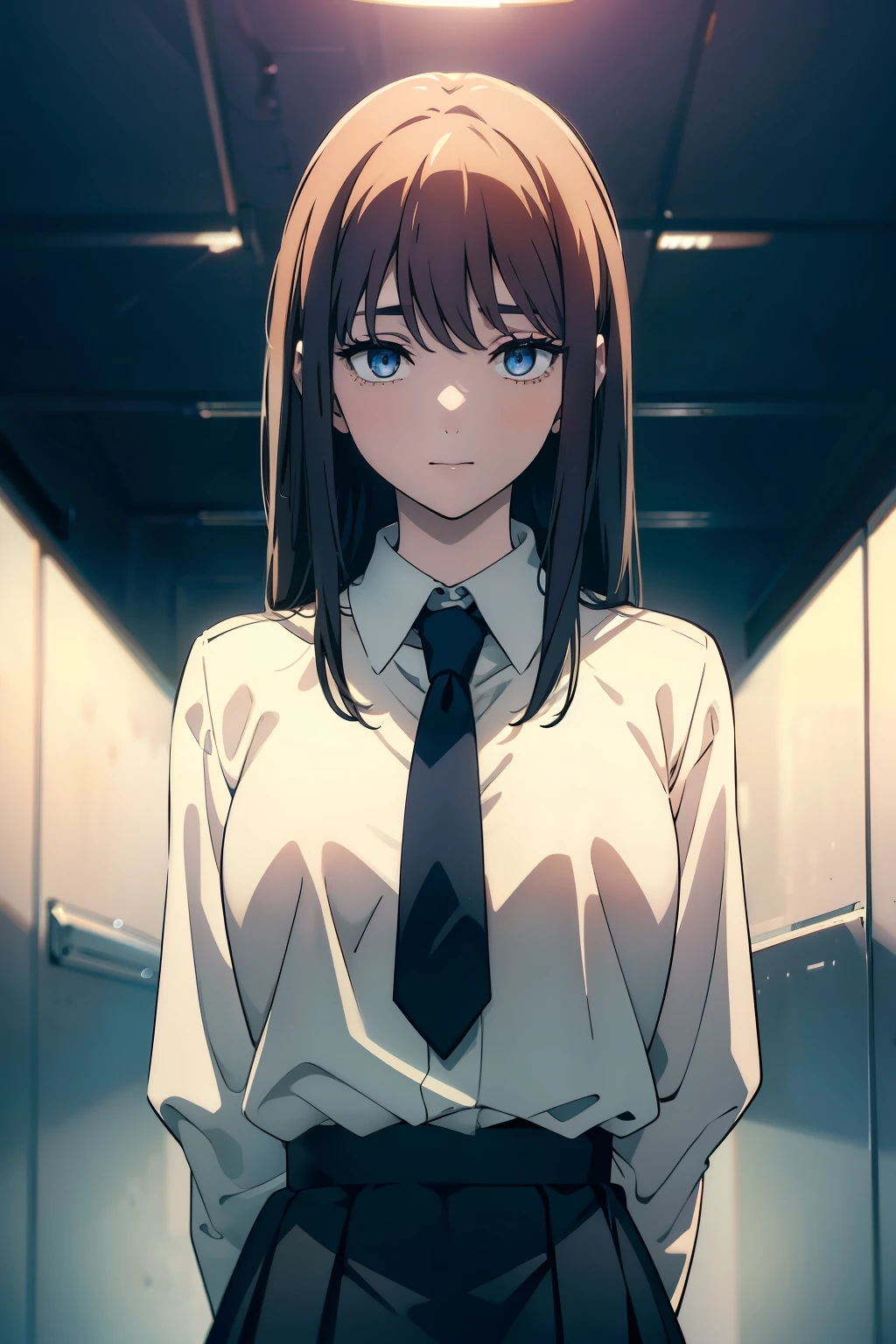 (Obra maestra, La mejor calidad, ultrahigh resolution), 1girl, standing, , white office shirt, black pleated skirt, ((light brown hair:0.7)), long hair cut, pale skin, ((blue eyes)), glowing_eyes, neon eyes, (ultra detailed eyes, beautiful and detailed face, detailed eyes), ((centered)), smile, ((wide shot)), facing viewer, eye level, (bright summer background), flat chested, looking at viewer, ((half closed eyes)), ((perfect hands)), (((head, arms, hips, elbows, in view))), ((hands behind back)), empty eyes, beautiful cinematic lighting, outside, outdoors, background, (defined subject), 25 years old