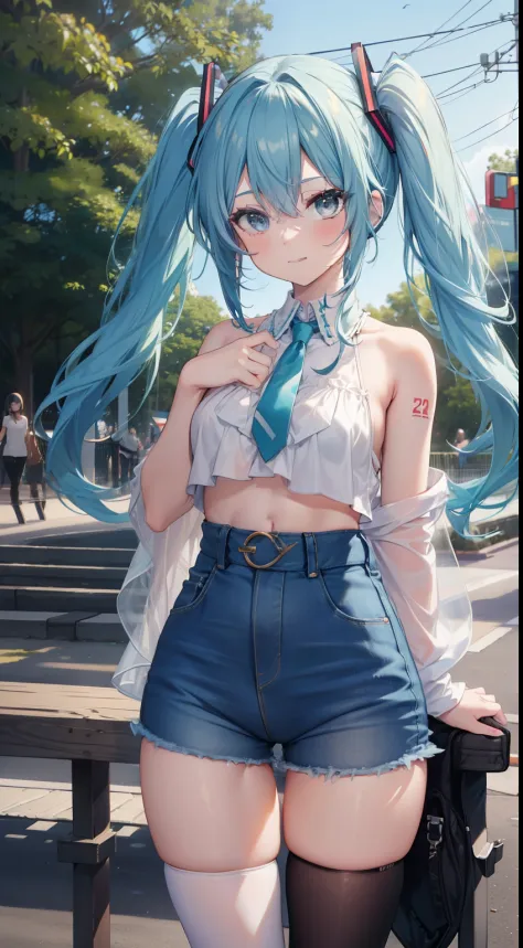 (masterpiece), (best quality), (4k resolution), (anatomy; perfect), character Hatsune Miku, 1 adult girl, light skin, blue eyes, (big blue hair), (locks, bangs), tied hair two sides, (hair lighting effects), eyebrow, nose, ear, tight mouth, smile, short bl...