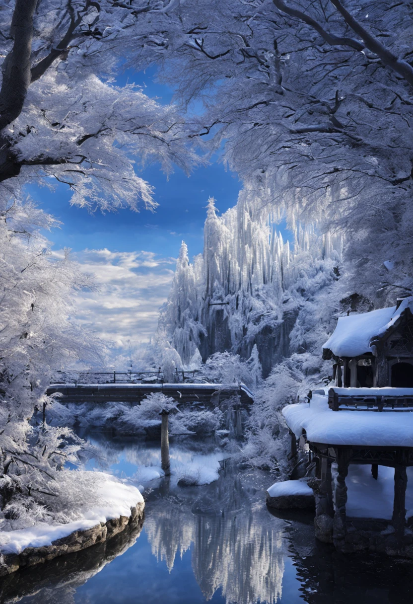在冬季仙境中，我们可以看到被雪覆盖的山脉和森林，閃耀著銀白色的光芒。树枝上挂满了晶莹剔透的帷幔，

      遇光时会闪烁出奇异的光彩。湖泊和河流也被雪覆盖，上面形成了奇妙的图案 ，让你仿佛进入了童话世界。
  
        好萊塢科幻電影場景，史詩現實, 超真实的照片, 超詳細, 傑作