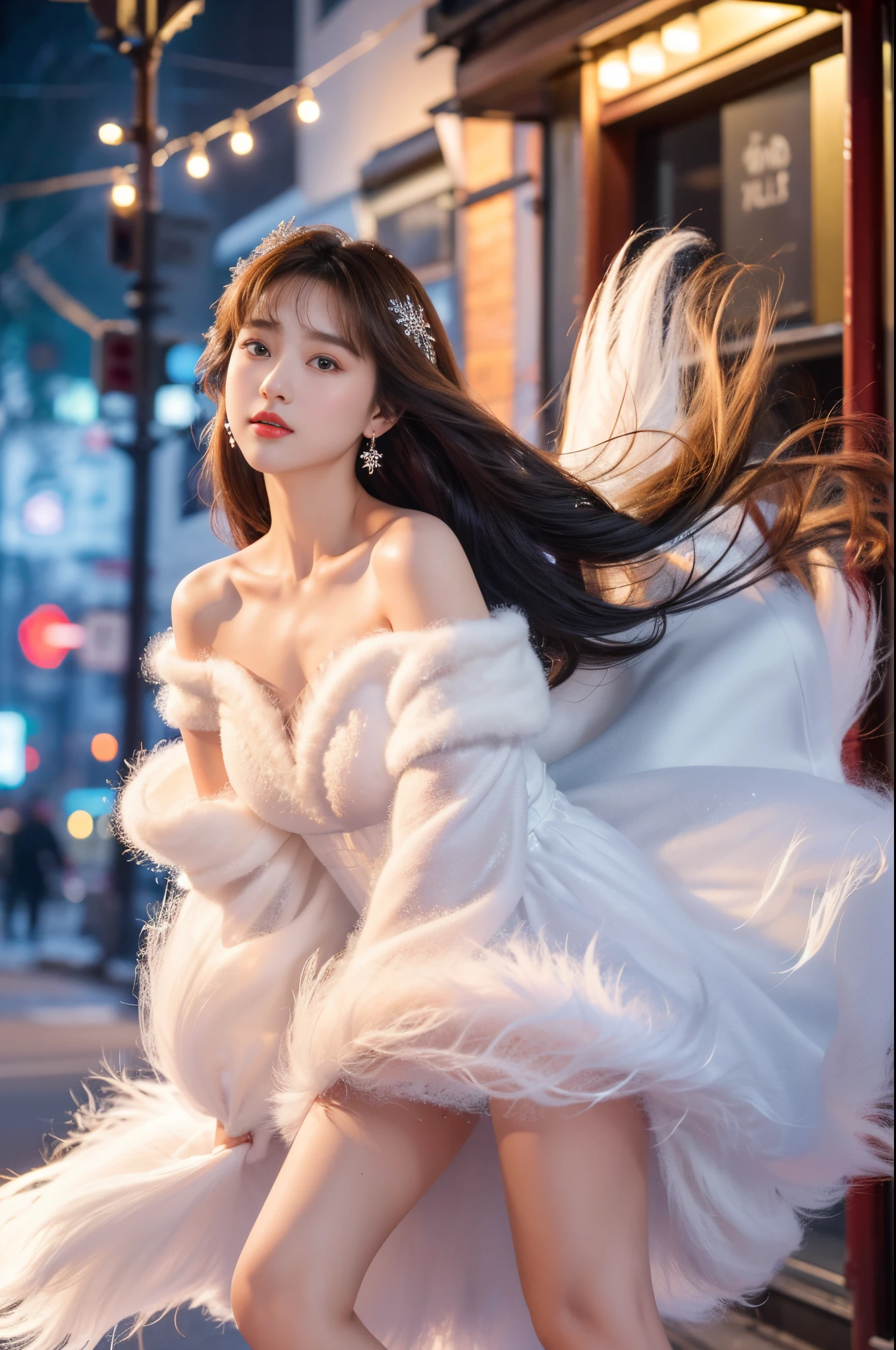8k，tmasterpiece、quality、ultra - detailed、Master workarilyn Takiocus on the thighs and above，Clear face，（Best quality）， beuaty girl：1.5、((Red fluffy off-shoulder dress style))，long hair fluttering，Snowflake earrings、snowflakes falling、bblurry、the street，