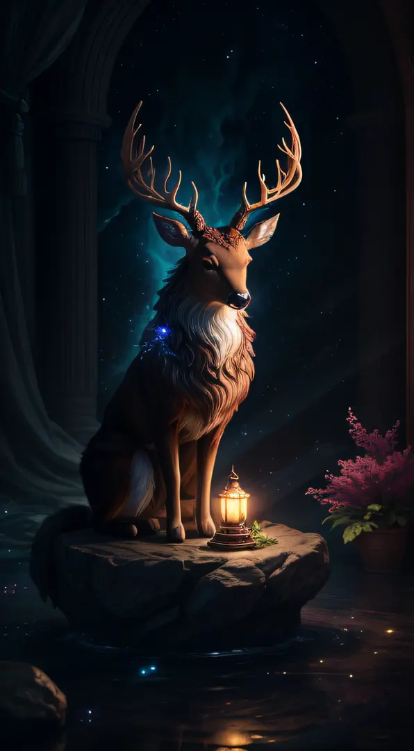 Generate celestially cute non-human animals in a celestial fantasy style。The animal should be based on a deer。Consider loft and ...