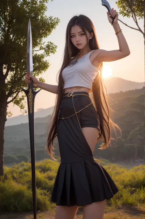 "((Epic)) photo composition, dramatic sunset, silhouette of a powerful ((girl)) wielding a ((gleaming)) sword, mystical altar ag...