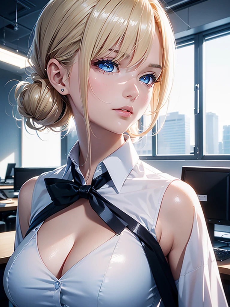 ultra detailed 8k cg, ultra realitsic, masterpiece, spotlight, office, cinematic lighting, cinematic bloom, professional photography, light blue eyes, blonde hair, updo hairstyle, swept-side bang, mature, elegant office worker, straight nose, thin lips, well-defined wide shoulders, big breasts, cleavage, gorgeous female, sleeveless button-up shirt, shiny, glint, diamonds, looking at viewer, serious, formal