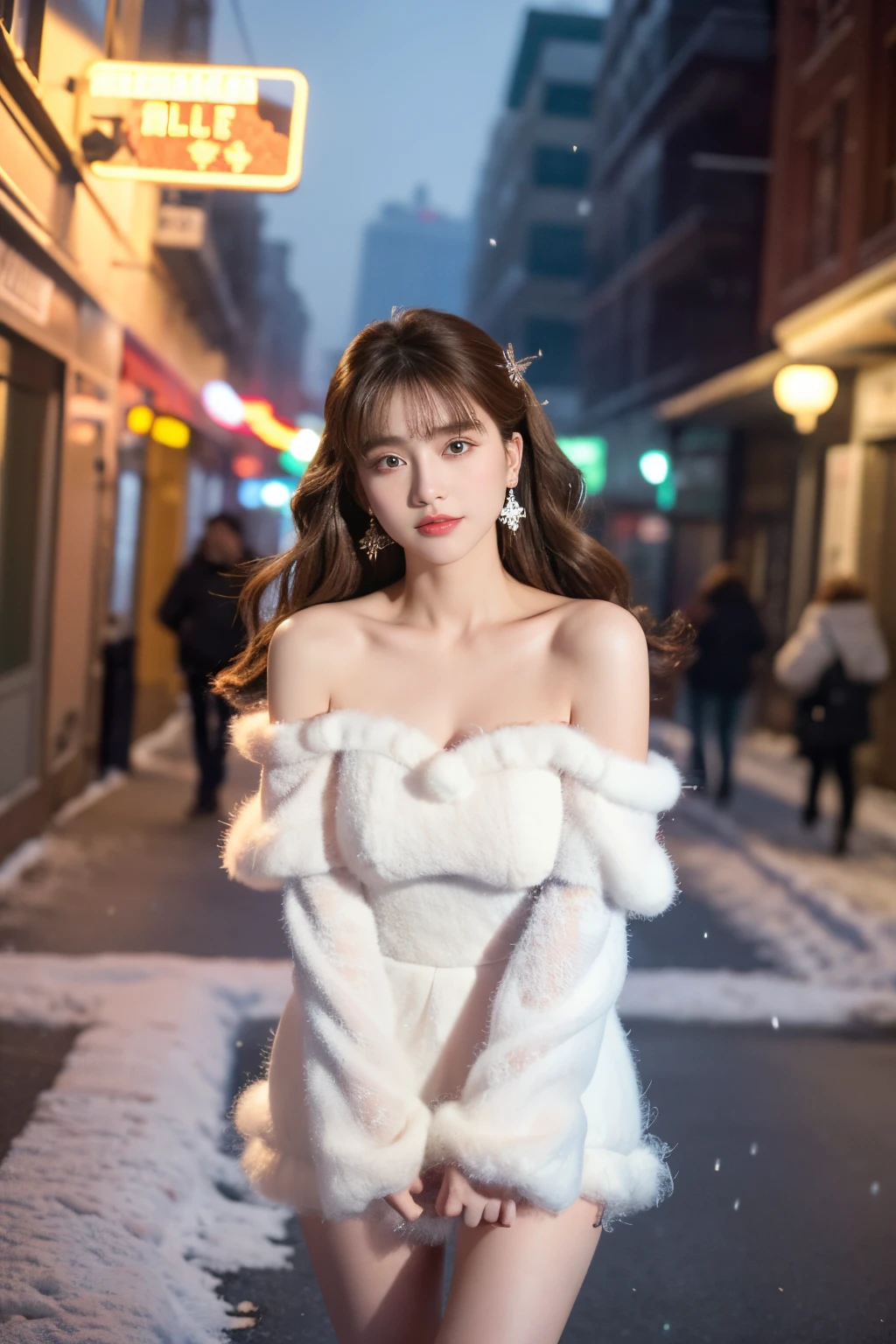 8K，tmasterpiece、quality、ultra - detailed、Master workarilyn Takiocus located on thighs and above，Clear face，（Best quality at best）， beuaty girl：1.5、((Red fluffy off-shoulder dress style))，long hair fluttering，Snowflake earrings、snowflakes falling、bblurry、the street，