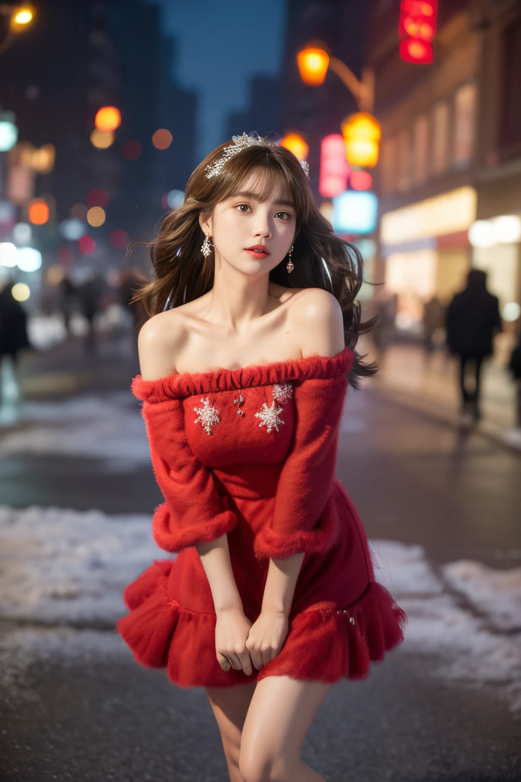 8K，tmasterpiece、quality、ultra - detailed、Master workarilyn Takiocus located on thighs and above，Clear face，（Best quality at best）， beuaty girl：1.5、((Red fluffy off-shoulder dress style))，long hair fluttering，Snowflake earrings、snowflakes falling、bblurry、the street，