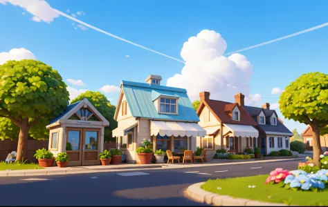 (miniature cityscape), (isometric: 1), cartoon style, (sandbox game style), (white background), best quality, florist, glass flower house, coffee house, flowers, dining table, chairs, lighting, clear sky, outdoor, landscape, clouds, sky, sign, road, grass,...