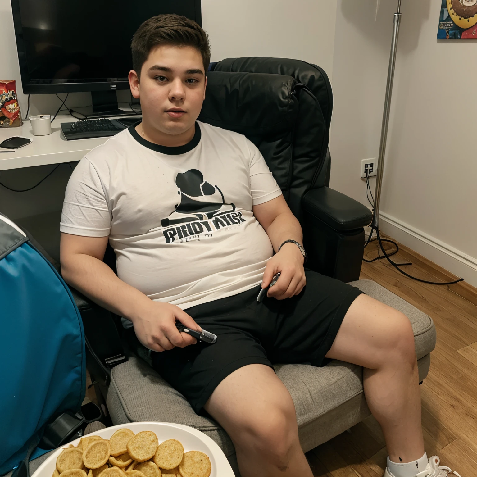 There is a man sitting on a couch with a plate of cookies - SeaArt AI