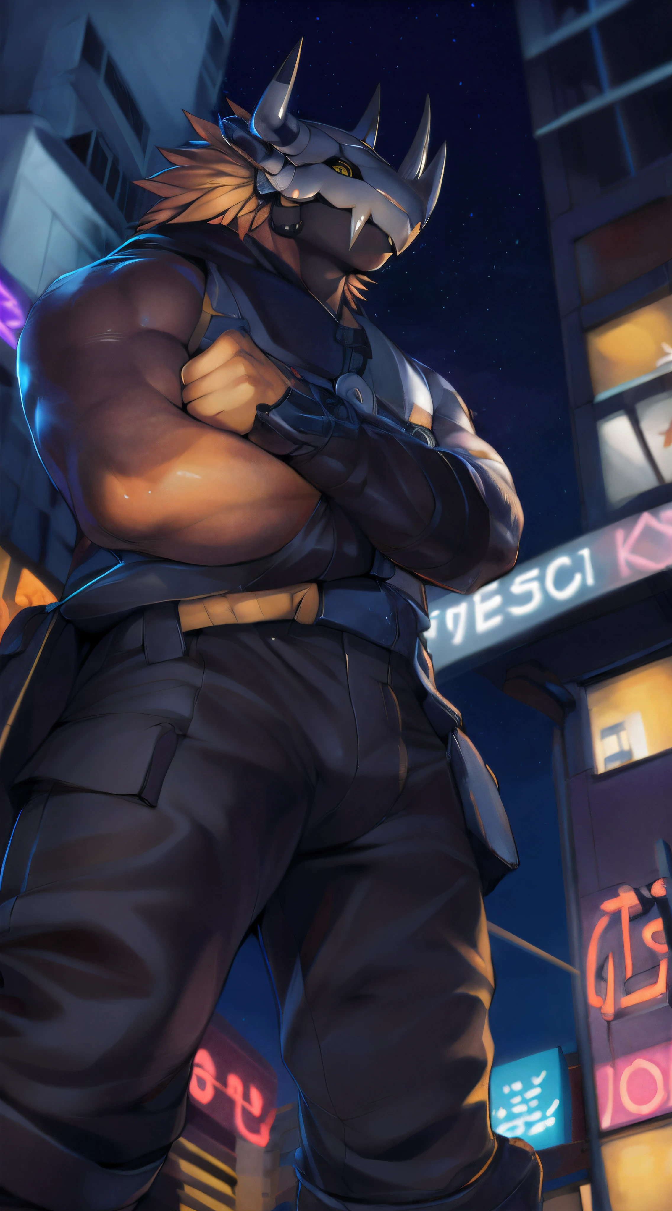 (by null-ghost, by darkgem, by kumak), (black wargreymon), black skin , black helmet, black mane, safe, markings, black sclera, yellow eyes, male, solo, black sleeveless sweatshirt, cargo pants, solo, muscular, colar, fancy, night, city, tokyo, street, akihabara, neon lights, ambient light, close up shot, ground level shot