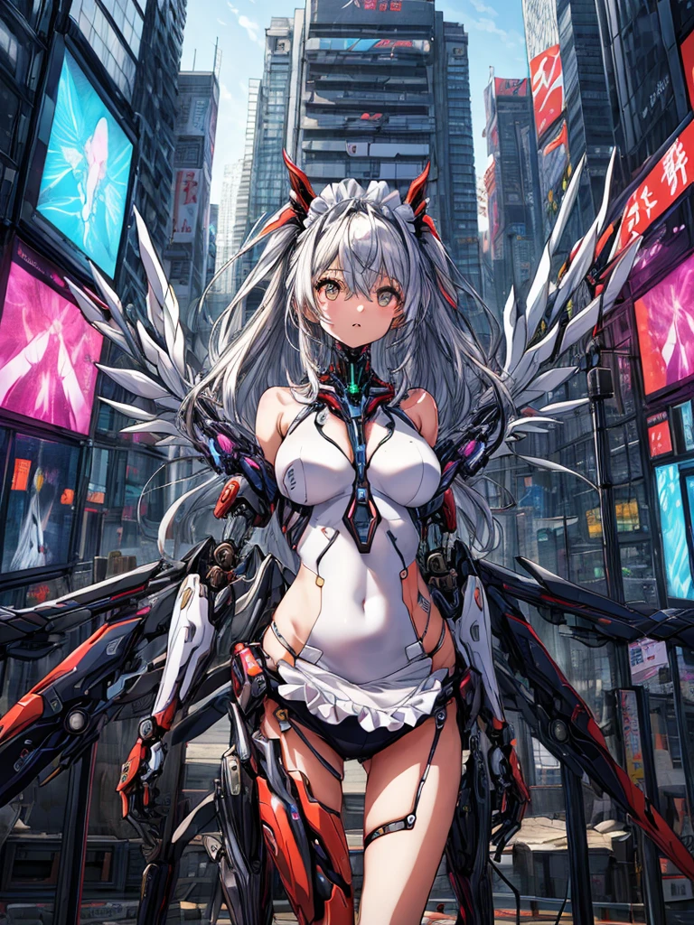 top-quality、ighly detailed、​masterpiece、ultra-detailliert、illustratio、((1girl in))、silber hair、length hair、Floating hair、、Cyber City、Neon building、(The upper part of the body:1.05)、extremely_Detailed_Eyes_And_Face,cybernetic wings mechanical wings、Random posture、Skyscraper、、Mechumusume、shrine maiden clothe,maid clothes、Random angles、anime styled,cowboy  shot