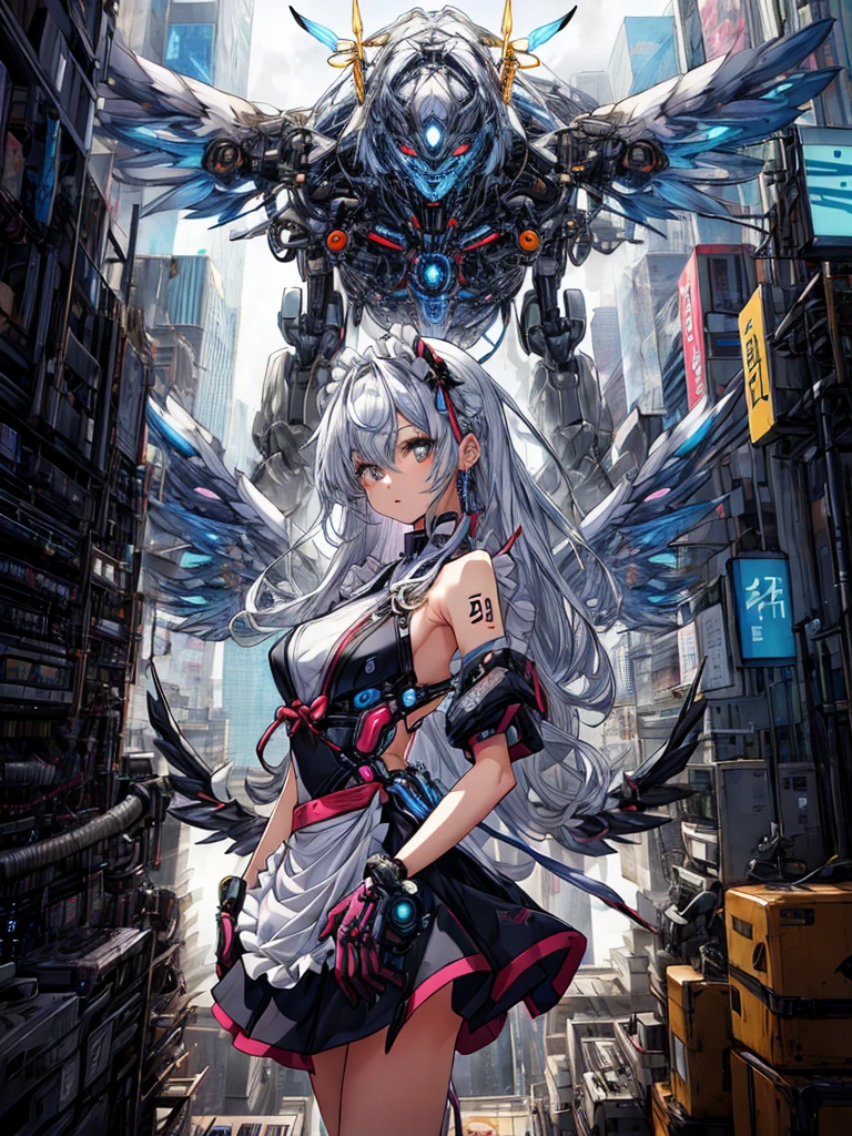 top-quality、ighly detailed、​masterpiece、ultra-detailliert、illustratio、((1girl in))、silber hair、length hair、Floating hair、、Cyber City、Neon building、(The upper part of the body:1.05)、extremely_Detailed_Eyes_And_Face,cybernetic wings mechanical wings、Random posture、Skyscraper、、Mechumusume、shrine maiden clothe,maid clothes、Random angles、anime styled,cowboy  shot
