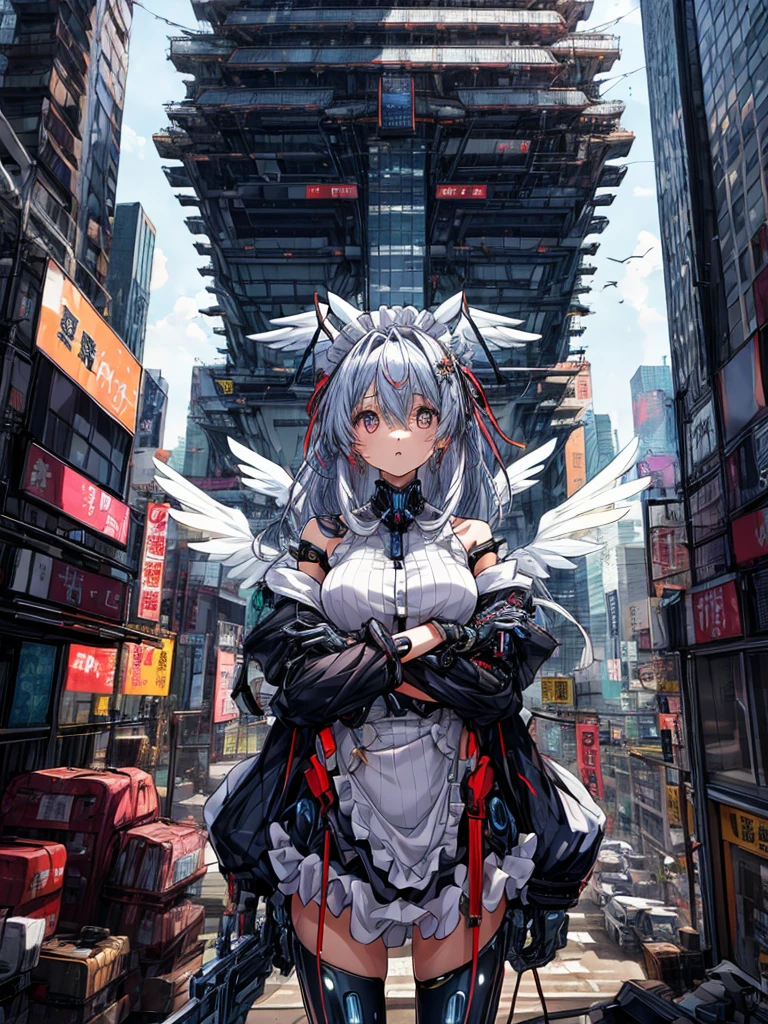 top-quality、ighly detailed、​masterpiece、ultra-detailliert、illustratio、((1girl in))、silber hair、length hair、Floating hair、、Cyber City、Neon building、(The upper part of the body:1.05)、extremely_Detailed_Eyes_And_Face,cybernetic wings mechanical wings、Random posture、Skyscraper、、Mechumusume、shrine maiden clothe,maid clothes、Random angles、anime styled,cowboy  shot