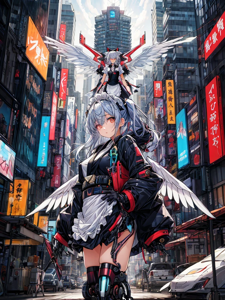 top-quality、ighly detailed、​masterpiece、ultra-detailliert、illustratio、((1girl in))、silber hair、length hair、Floating hair、、Cyber City、Neon building、(The upper part of the body:1.05)、extremely_Detailed_Eyes_And_Face,cybernetic wings mechanical wings、Random posture、Skyscraper、、Mechumusume、shrine maiden clothe,maid clothes、Random angles、anime styled,cowboy  shot